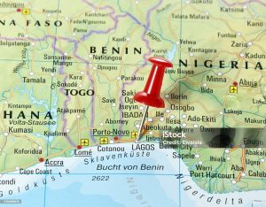Map of Nigeria with pin set on Lagos